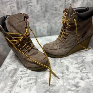 Rock & Candy Taupe Wedge Boots with Yellow Laces